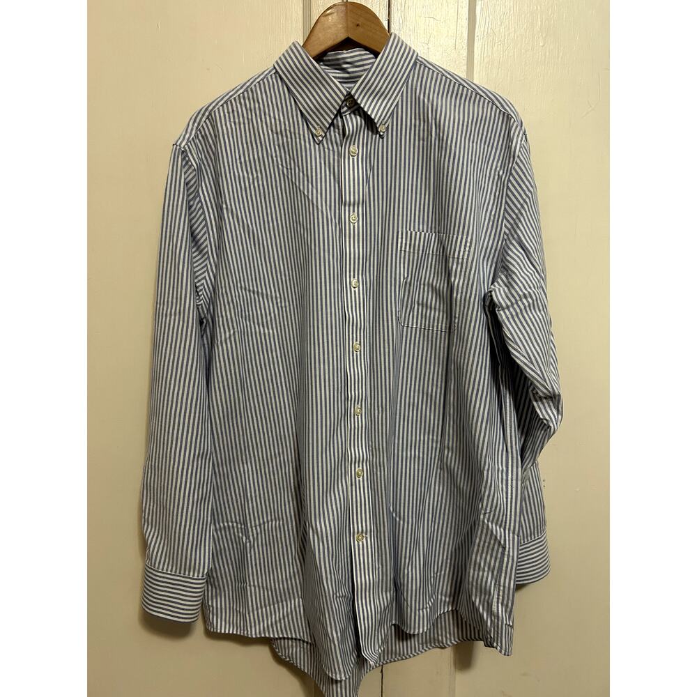 Stafford Men's Dress Shirt Size 17 Blue Striped Wrinkle Free Oxford Button Up